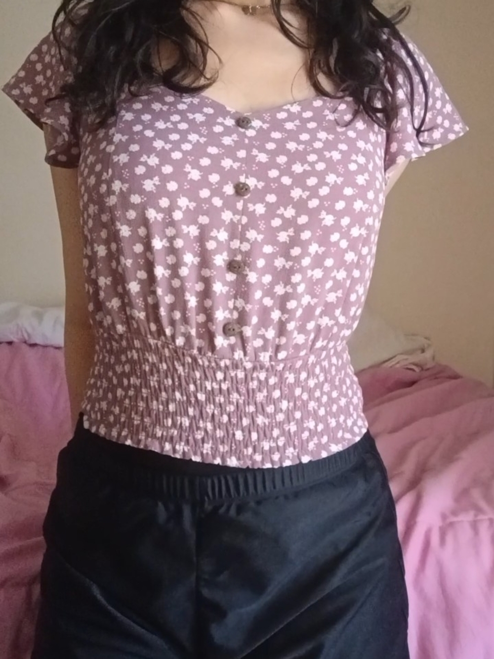 Muted purple top with white flower pattern
